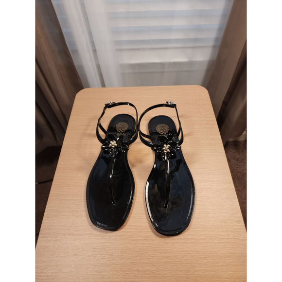 New Vince Camuto Black Gold Jelly Flower Adjustable Thong Flip Flop Sandal 10 M - Picture 9 of 13